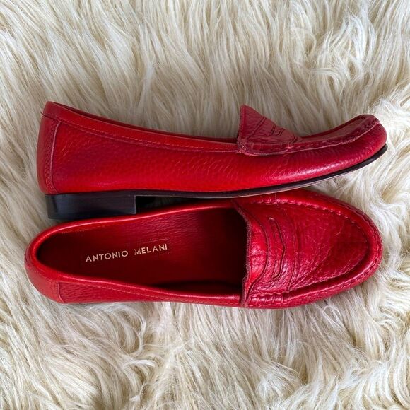 Antonio Melani Red Leather Penny Loafers sz 8 Preppy Nautical Chic Academia - Picture 2 of 11